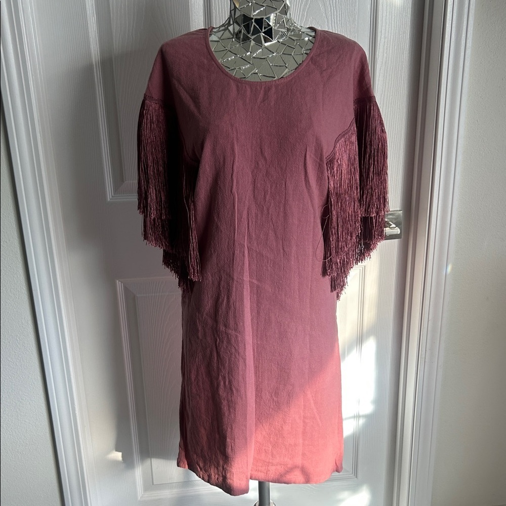 Nais Mauve Fringe Sleeve Dress